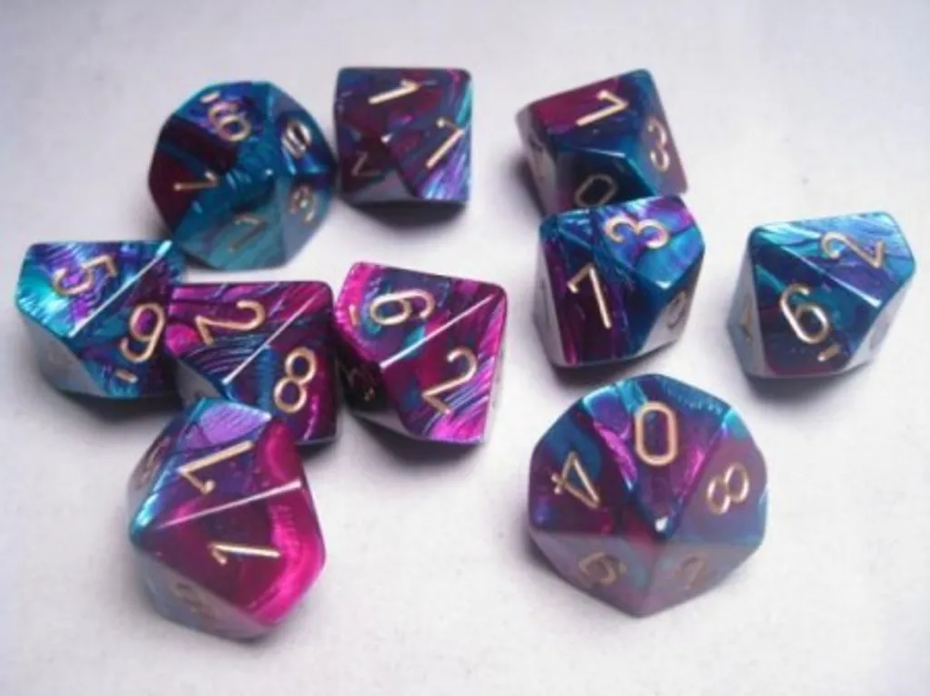 Dés Chessex Gemini Lila Teal Gold Effet Luminescent Pack de 10