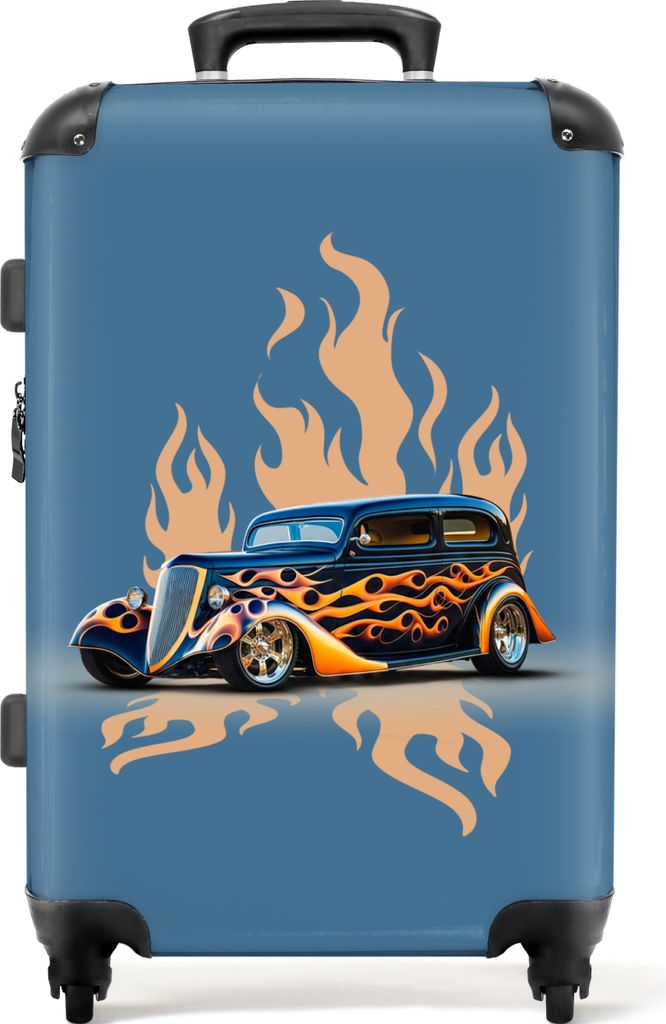NoBoringSuitcases.com Großer Koffer - Auto - Oldtimer - Blau - Flammen - Kombinationsschloss TSA - Hartschalen Trolley 4 Rollen - 72 liter - Rei...