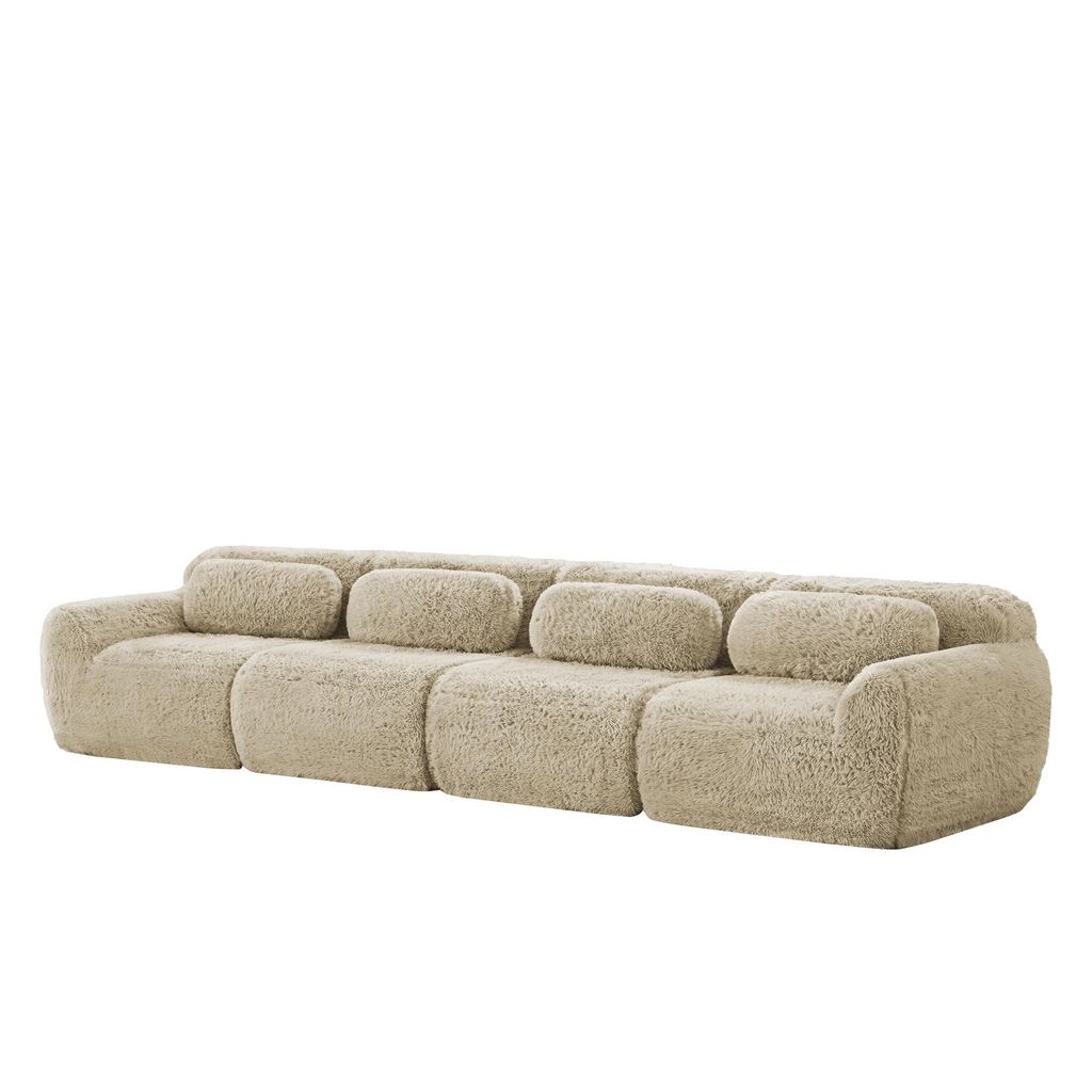 AIORBER Modulares 4-Sitzer Sofa, Premium-Plüschstoff, hochelastischer Schaumstoff, rutschfester Boden, ergonomische Unterstützung, Hellkhaki