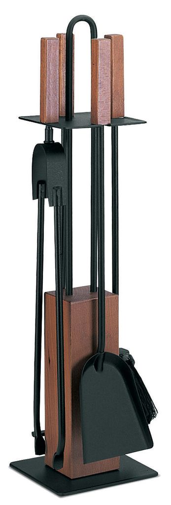 Kaminbesteck Kaminzubehör – Edelstahl mit Griffen und Sockel - Eiche gedämpft, Höhe - 65cm