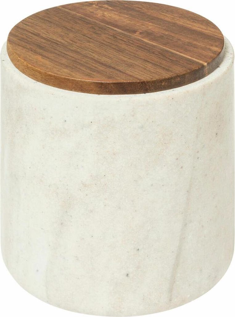 A close-up studio shot of a marble container with a wooden lid.
