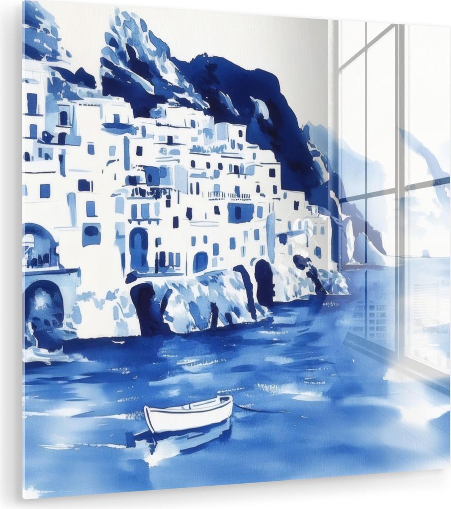 MuchoWow Glasbilder - Bilder auf Wandbild - Foto auf Glas Dorf - Felswand - Ruderboot - Wasser 20x20 cm Wanddekoration aus Glas - Acrylglasbild - A...