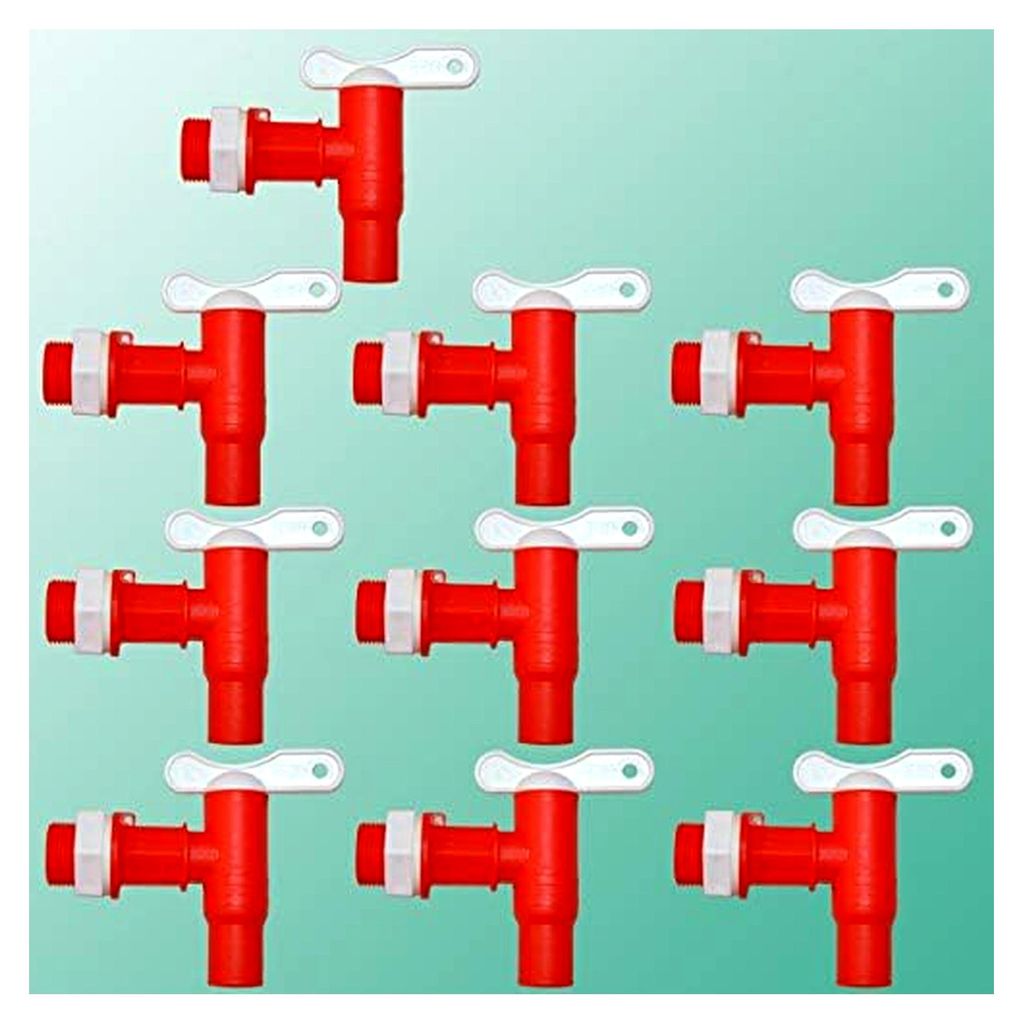 10 Stück Wasserhahn für Regentonne, Kunststoff-Auslaufhahn in Rot mit Mutter und Dichtung, geeignet für Regenspeicher und Wasserbehälter