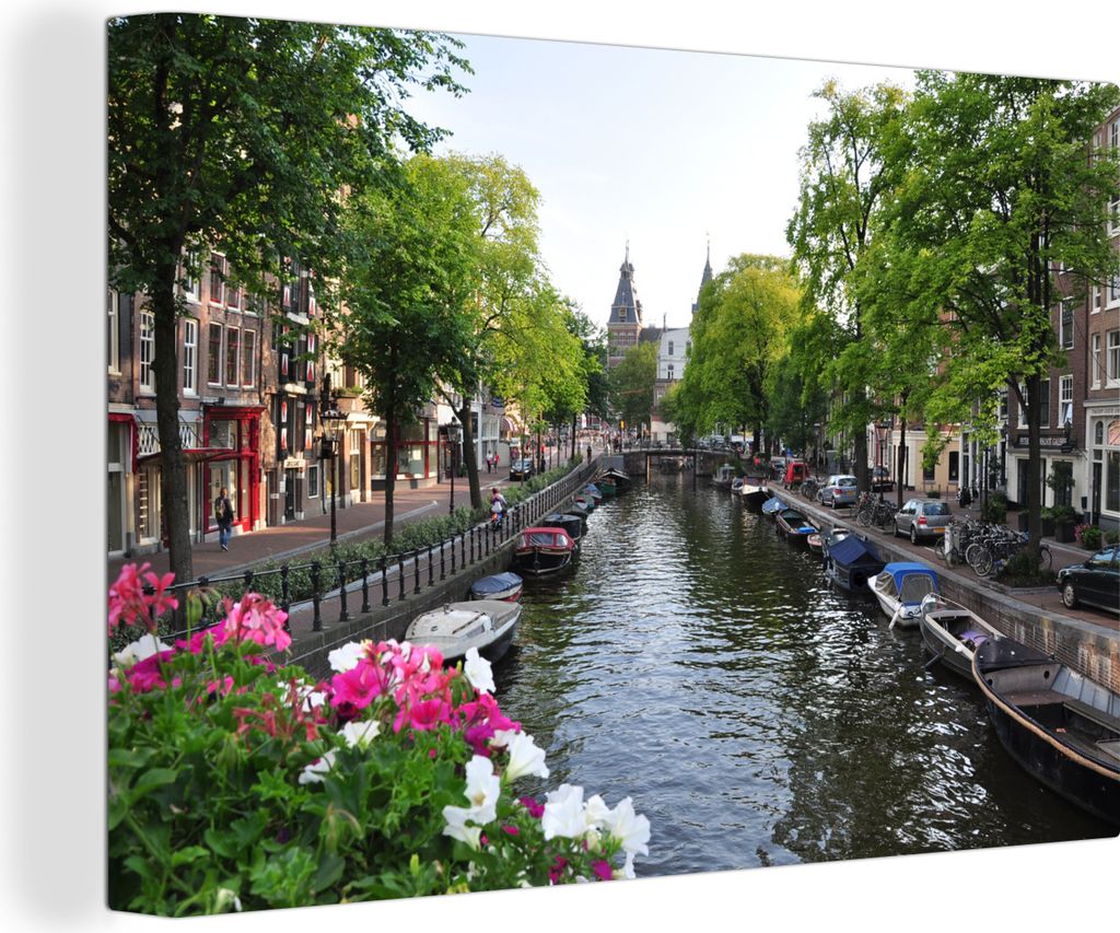 OneMillionCanvasses - Leinwandbilder - 140x90 cm, Amsterdam - Sommer - Blumentöpfe, Wandbilder Kunstdruck Wanddekoration - Foto auf Leinwand - G...