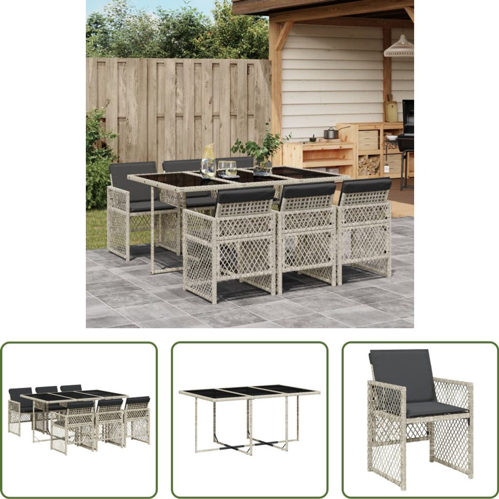 The Living Store 7-tlg. Garten-Essgruppe mit Kissen Hellgrau Poly Rattan