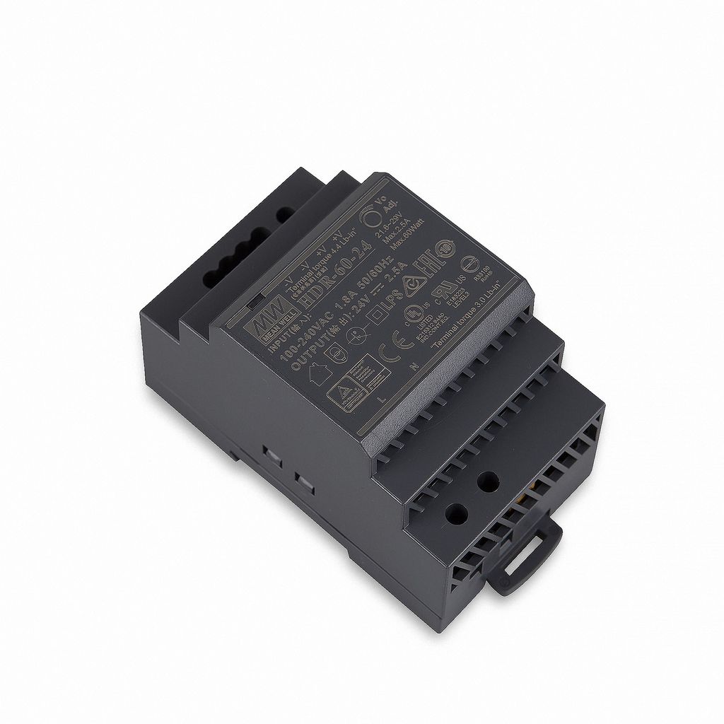 A gray DIN rail power supply unit is shown against a white background.