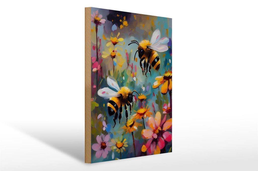 Holzschild 12x18cm Bienen Blumenfeld 2