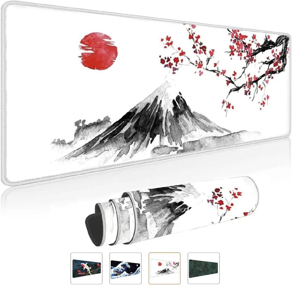 Tapis de souris gaming XXL 800x300mm Blanc avec Motif Encre de Chine