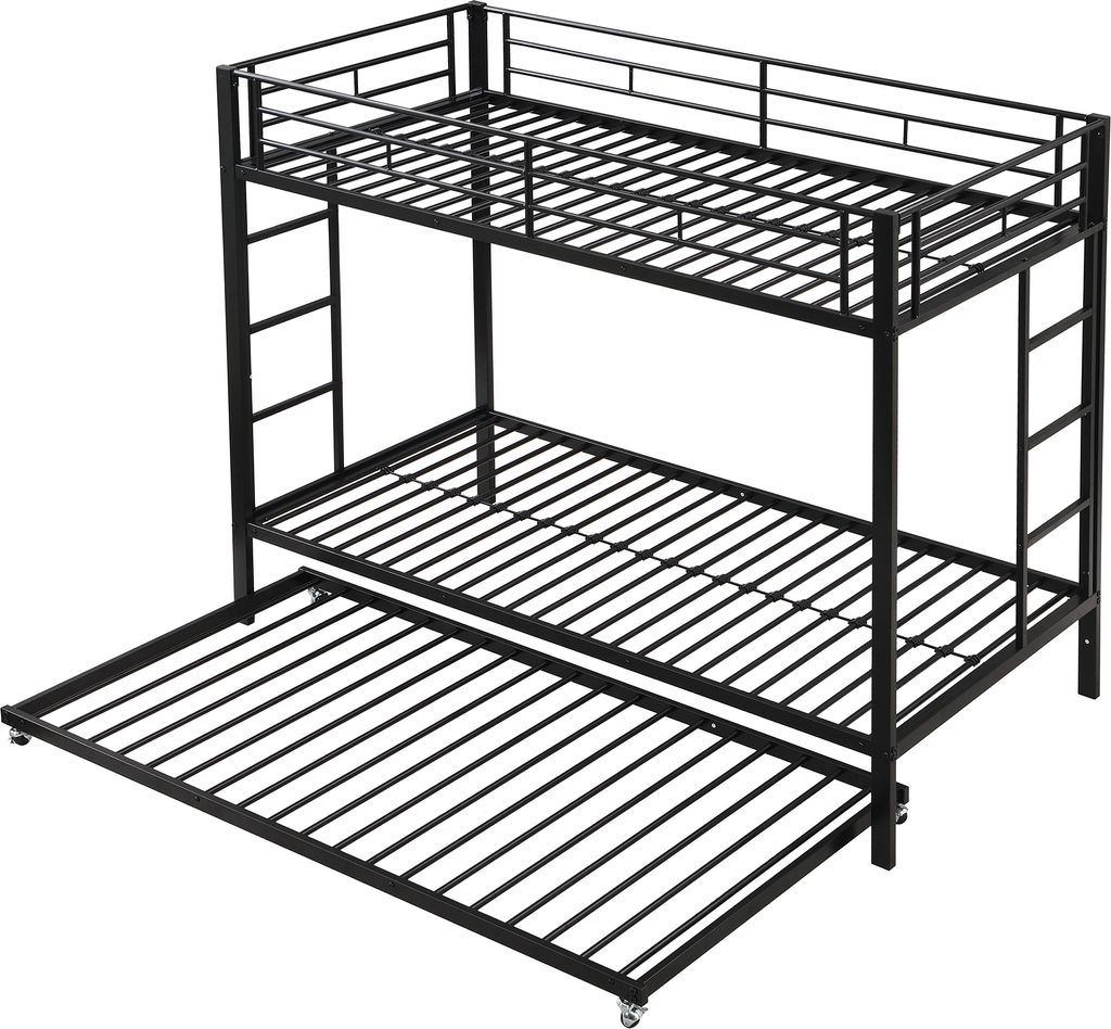 A black metal triple bunk bed with a pull-out trundle bed is shown from a slightly elevated, diagonal angle against a white background.