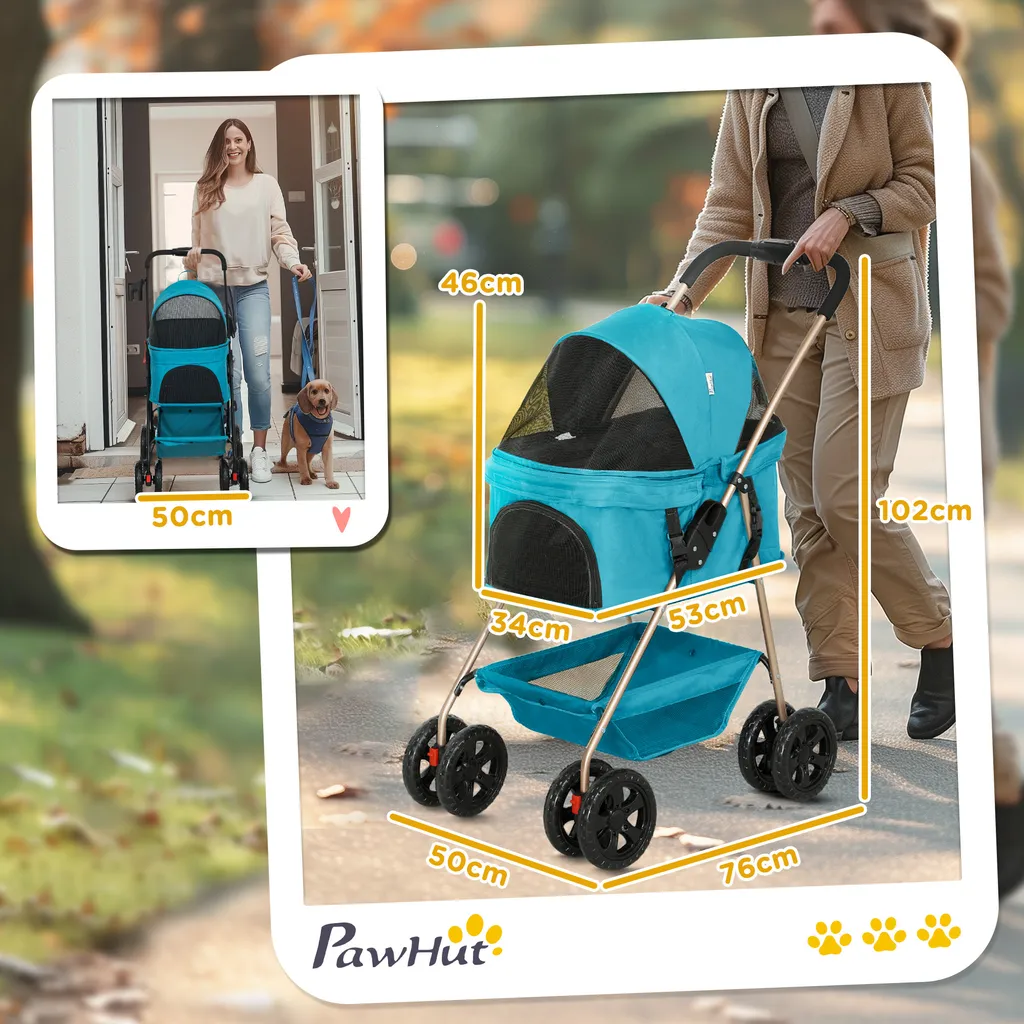 PawHut passeggino per cani 3 in 1 box per cani pieghevole, borsa da trasporto pieghevole con portabicchieri, passeggino per cani, passeggino per gatti con ruote a 360° passeggino per gatti per mini cani sotto i 4 kg, turchese - 3