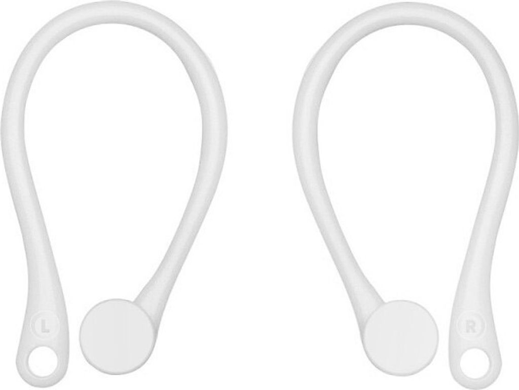 Two white ear hooks for headphones, labeled 'L' and 'R'.