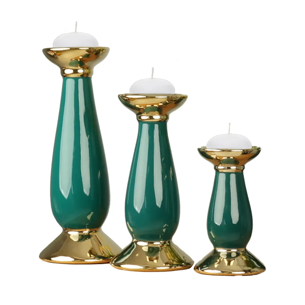 Set 3 Portacandele Ceramica Verde Bottiglia Oro - Decorazione Matrimonio