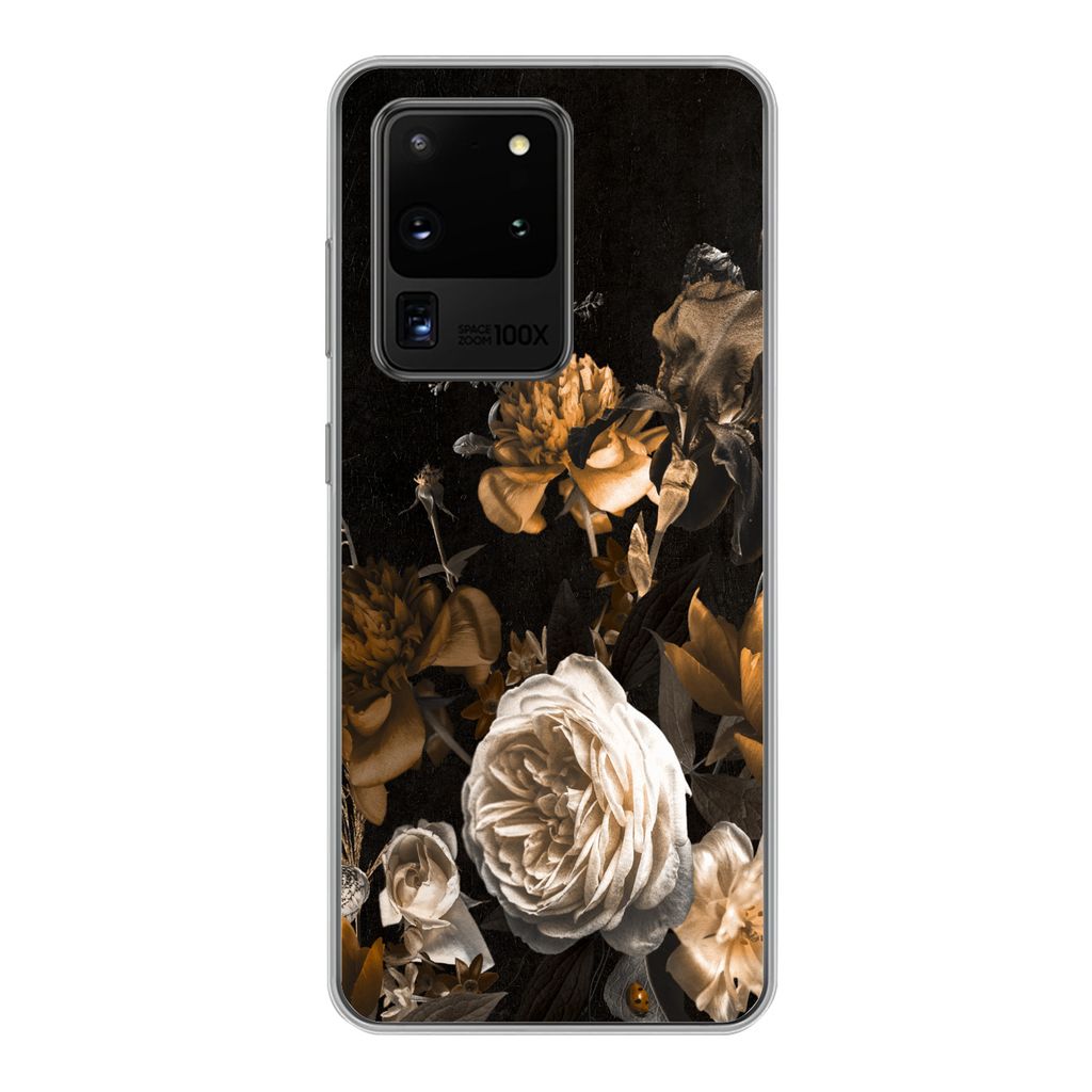 MuchoWow Handyhülle Schutzhülle Hülle für Samsung Galaxy S20 Ultra Rose - Gold - Blumenstrauß Silikon Softcase Handy Hülle - Karteninhaber