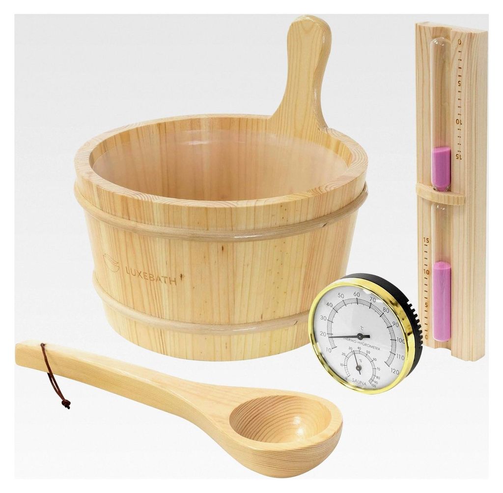 Saunazubehör-Set aus massivem Kiefernholz, 4-teilig, mit Aufgusskübel, Kelle, Thermometer-Hygrometer und 15-minütiger Sanduhr, Saunaeimer 4,5L m...