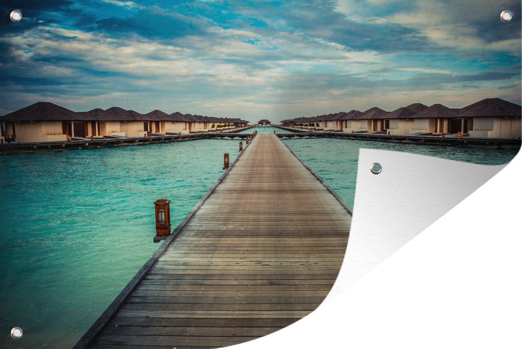 MuchoWow 120x80 cm Outdoor-Poster Gartendeko Sichtschutz Garten Poster für den Garten Bungalows mit einem Steg am Wasser