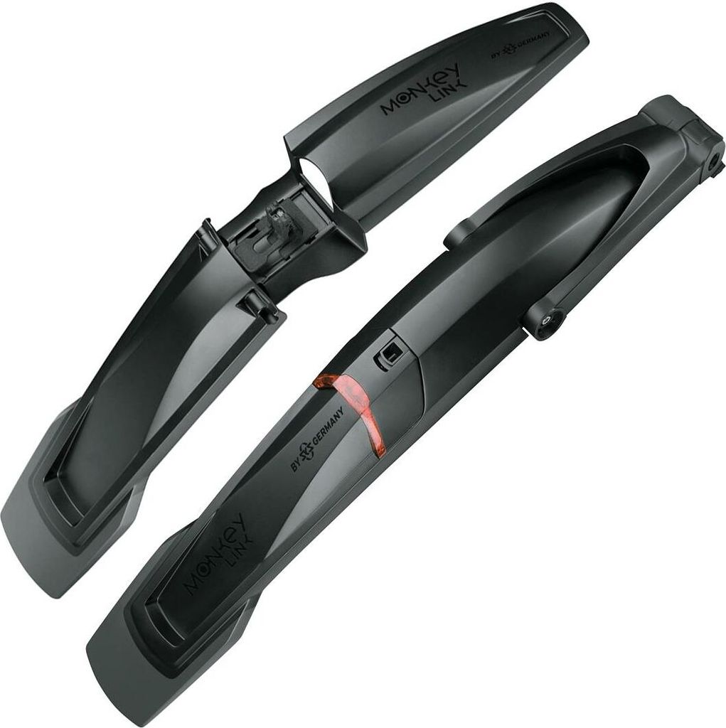 Two black bicycle fenders are displayed against a white background.