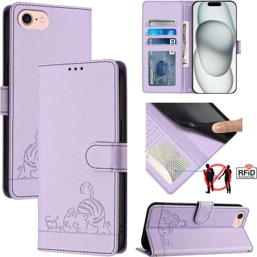 Leder Hülle für iPhone 8/7/6s/6/iPhone SE 2020/2022 Süße Katze Flip Case Brieftasche Schutzhülle mit Standfunktion Lila