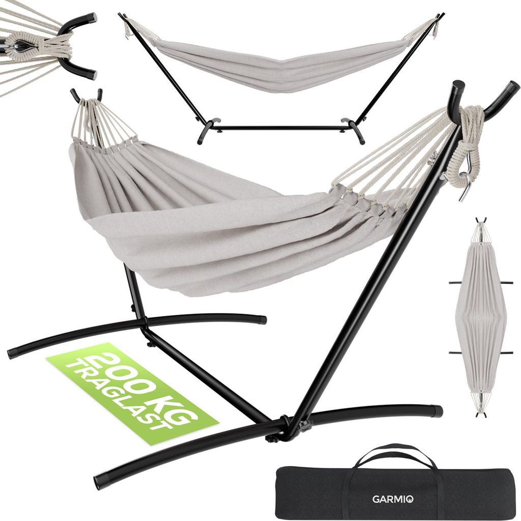 GARMIO Hängematte beige mit Stahlgestell 270 x 110 x 105 cm, 200 kg Tragkraft, klappbar, pflegeleicht, inkl. Zubehör & Tragetasche für Garten ...