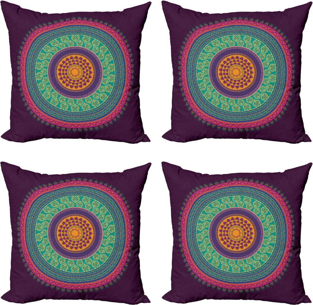 ABAKUHAUS Mandala Kissenbezug Set (4 Stück), Curls und Petals Oriental, Moderner Doppelseitiger Digitaldruck, 45 cm x 45 cm, Mehrfarbig