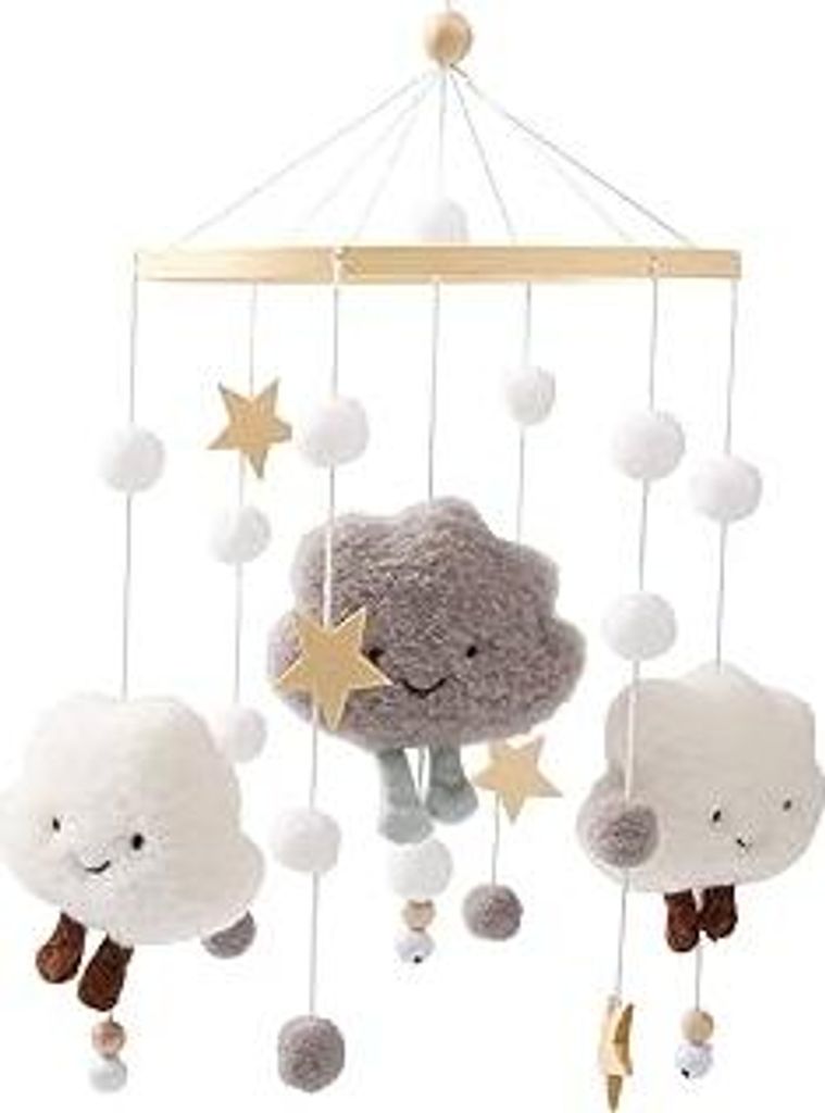 Promise Babe Mobil Baby Windspiele mit Filzbällen Wolken Sterne Mobil Babyzimmer Holz Gehäkelt Bettglocke Anhänger zum Aufhängen Kinderbett Wic...