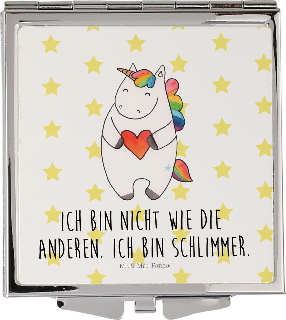 Mr. & Mrs. Panda Schminkspiegel Einhorn Herz - Weiß - Geschenk, Taschenspiegel, Bunt, klein, Freundin, Unicorn, Handspiegel, Kosmetikspiegel, bös...
