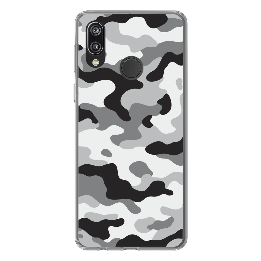 MuchoWow Handyhülle Schutzhülle Hülle für Huawei P20 Lite (2020) Schwarz-weißes Camouflage-Muster Silikon Softcase Handy Hülle - Kartenhalter