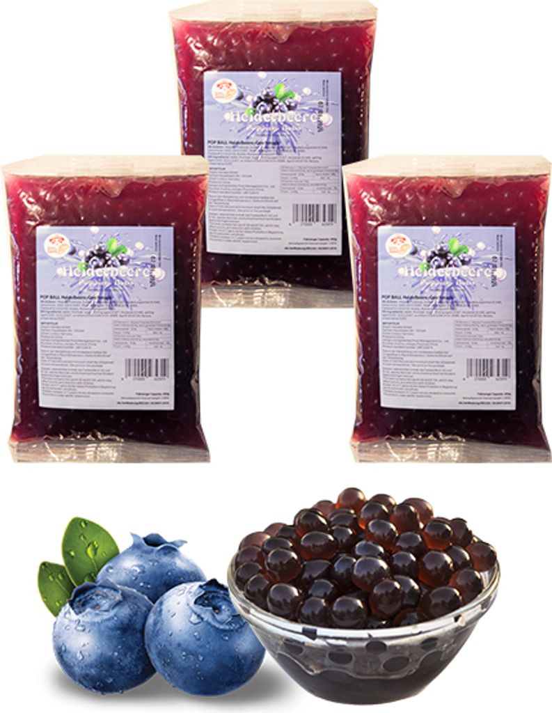 Bubble Tea Popping Boba Mix - 3 x 600g Heidelbeer/Blaubeer Boba Fruchtperlen - Vegan&Glutenfrei Boba Perlen - Aktion: 1 Gratis 600g Packung