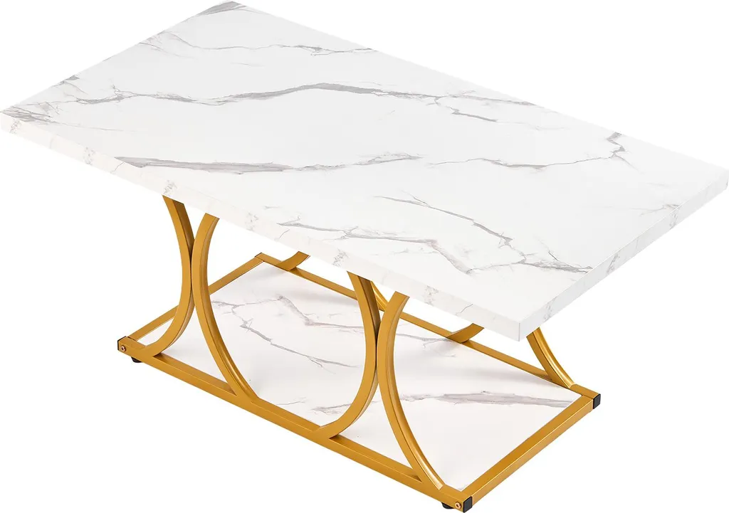 SucceBuy Tavolino moderno in look marmo, tavolino rettangolare a due livelli con robusta struttura in metallo e gambe geometriche, carico fino a 95 kg, elegante tavolino da salotto in bianco