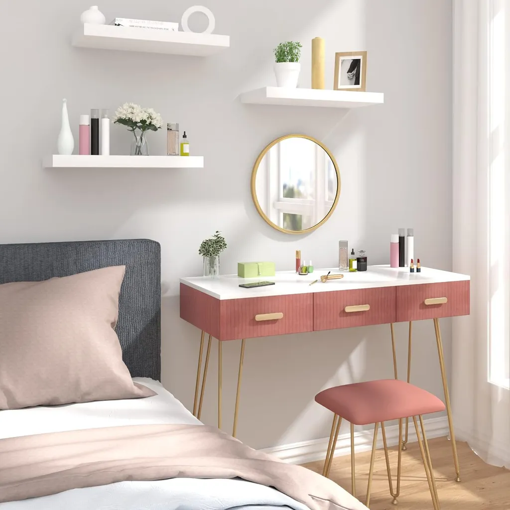 Table de Maquillage avec Miroir et Tiroirs - Meuble Coiffeuse Rose