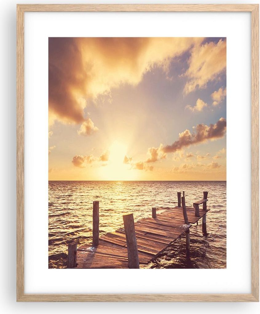 Gerahmtes Poster - Rahmen in heller Eiche - Brücke Sonne Ozean - 40x50 cm - Wand Bild - Wanddeko - Wandbilder - Wandposter - Bilderrahmen - Bilder...