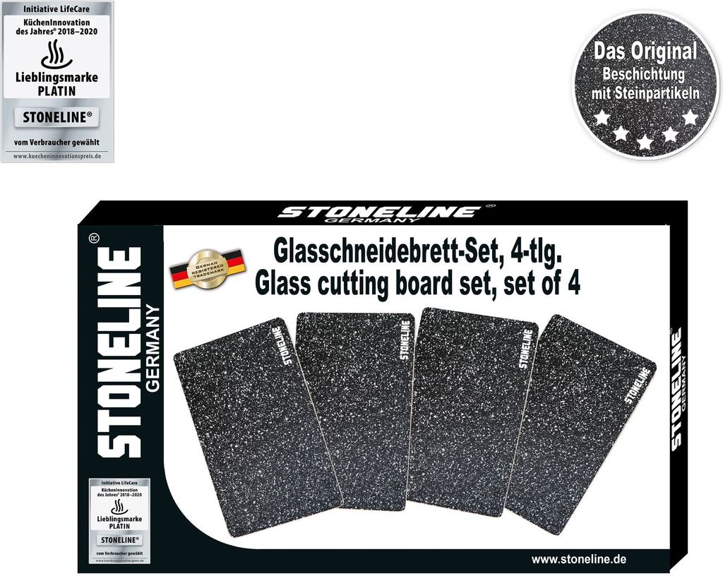 A product box for a set of Stoneline glass cutting boards, with images of the boards and marketing text.