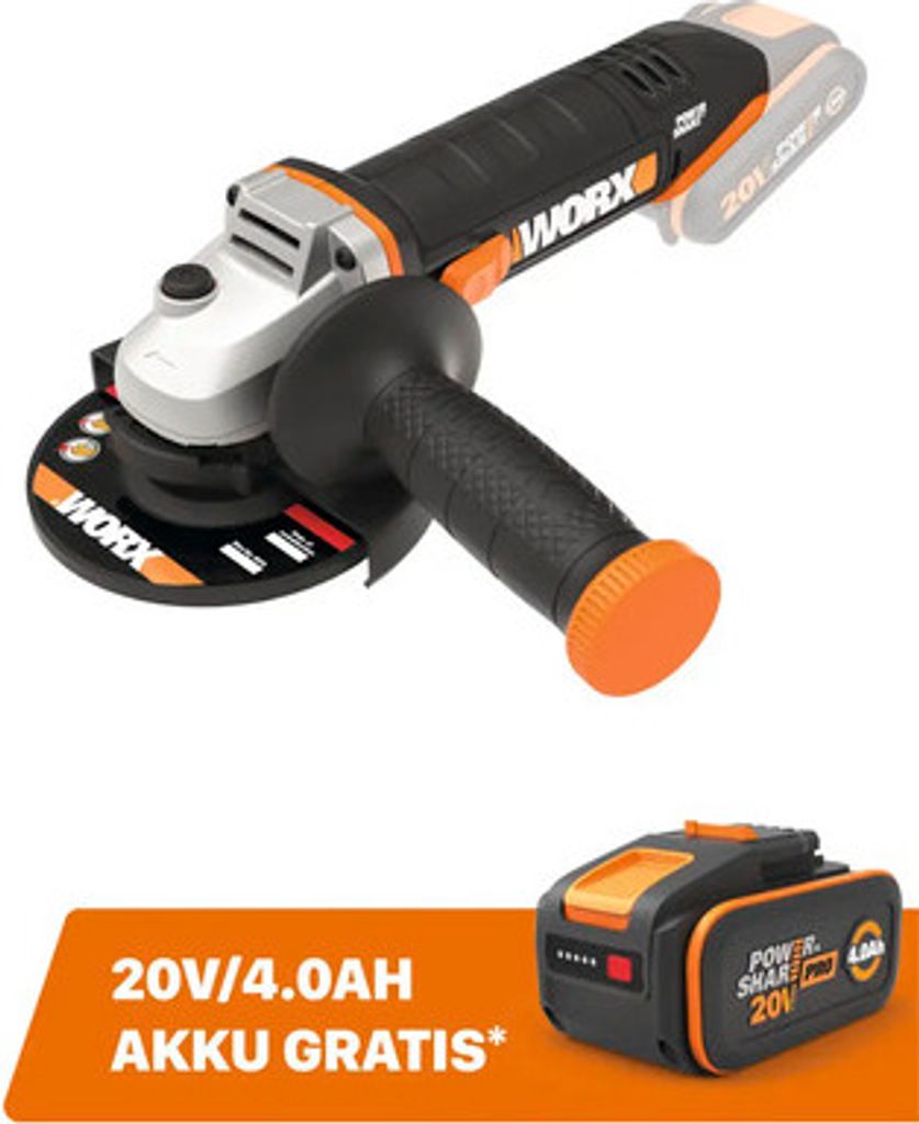 A cordless angle grinder and its battery are shown against a white background.