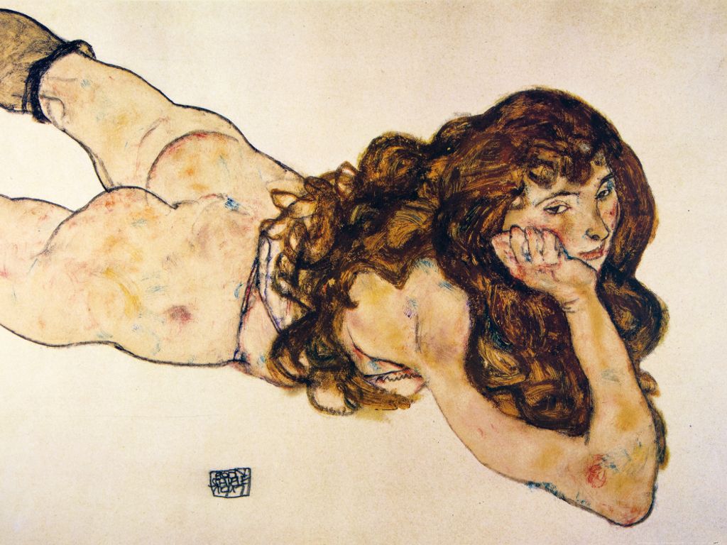 Egon Schiele Kunstdruck Bild - Auf Dem Bauch Liegender Weiblicher Akt, 1917 (60 x 80 cm)