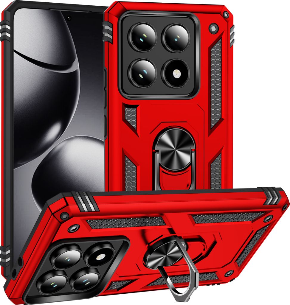 Schutzhülle für Xiaomi 14T Pro Dual Layer Robust Militäre Fallschutz Hülle mit Ringhalterung Ständer Rot