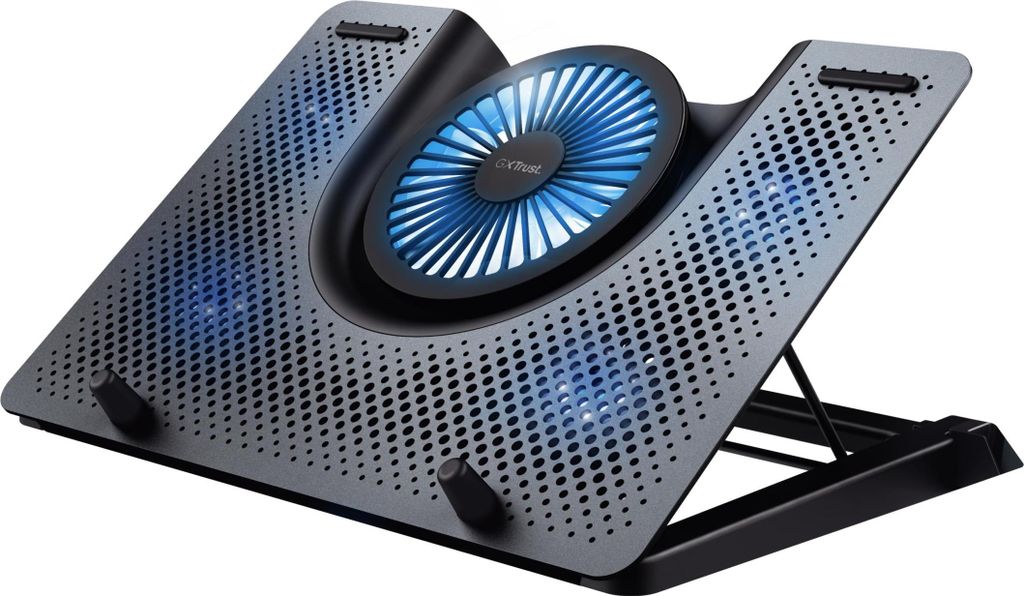A black and gray laptop cooling pad with blue LED lights on a white background.