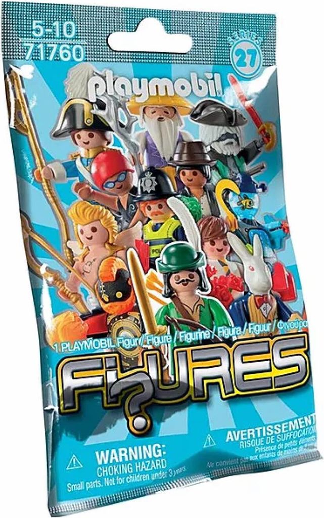 A Playmobil mystery bag with various figures depicted on the packaging.