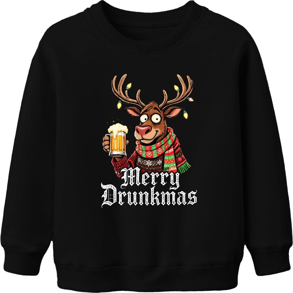 Merry Drunkmas Rentier mit Bier Weihnachten lustig Geschenk Party Uni Kinder Sweatshirt Pullover, Schwarz, 104