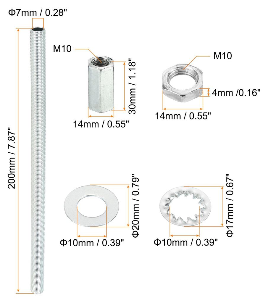 M10 Gewinde 7.87" Lampe Leitung Kit mit Schloss Muttern Unterlegscheiben Verschlš¹sse Sortiment Hardware fš¹r Kronleuchter Deckenlicht DIY Verz...