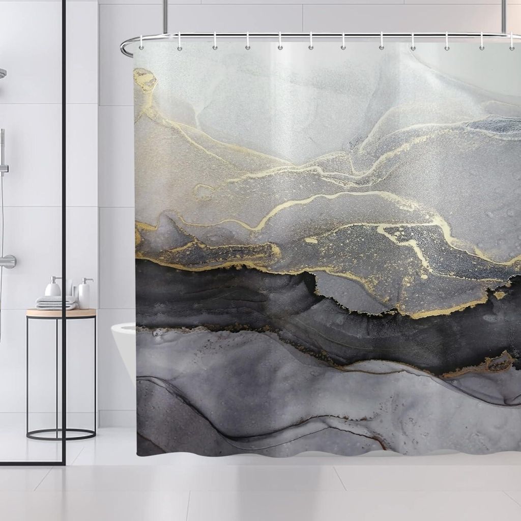 Duschvorhang in Marmoroptik, 180 x 180 cm, moderne abstrakte grau-schwarz-goldene Marmoroptik, waschbar, Polyestergewebe, wasserdicht, Duschvorhang...