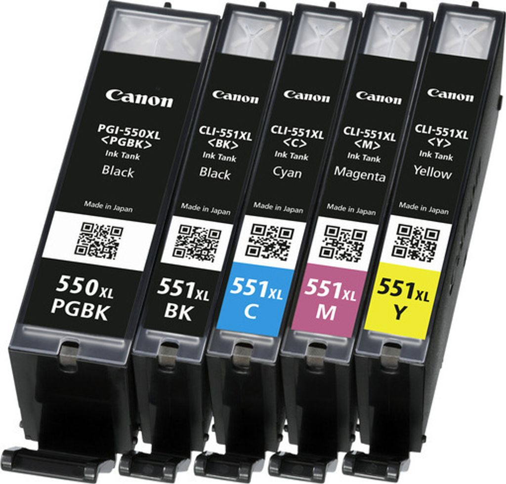 A set of five Canon ink cartridges arranged in a row against a white background.