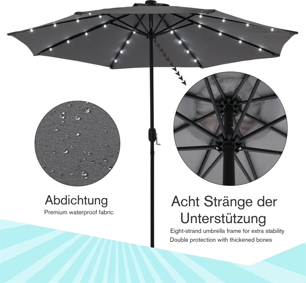 Mucola Parasol de jardin 3m Gris avec LED Pivotant 360° Terrasse
