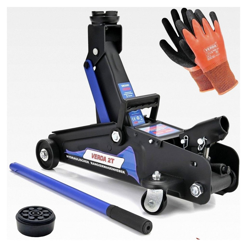 Hydraulischer Wagenheber 2T, 140-310mm mit Gummiauflage, Montagehandschuhen und Unterstellbock für Pkw, SUVs und Wohnmobile