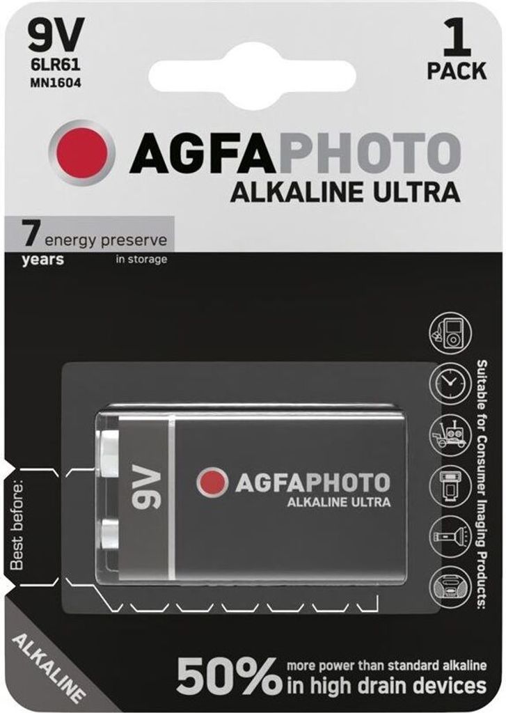 AgfaPhoto Batterie Alkaline Ultra -9V 6LR61 E-Block 1St.