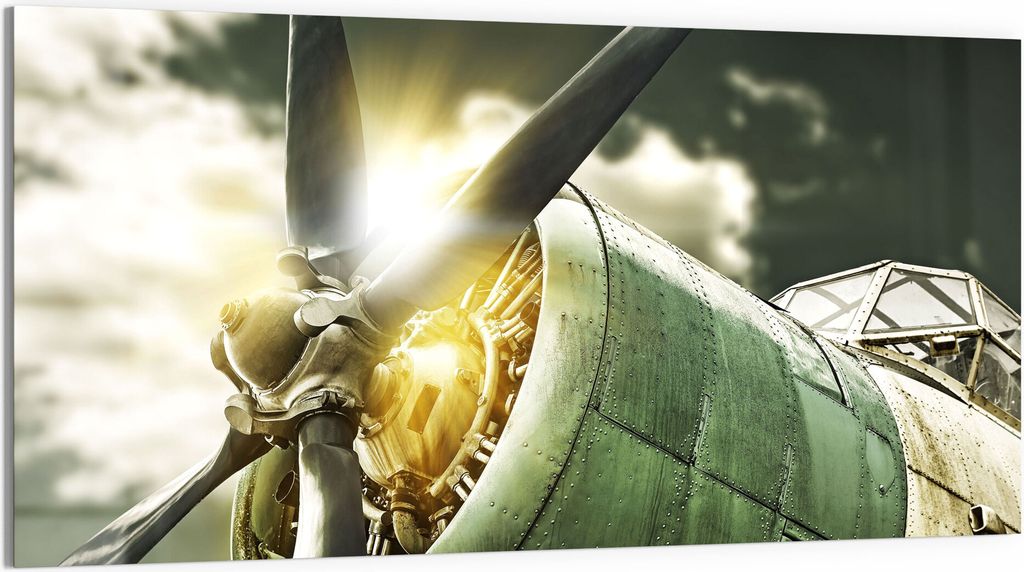 DEQORI Glasbild Acryl 100x50 cm 'Propellerflugzeug nah' Wandbild Bild modern Deko