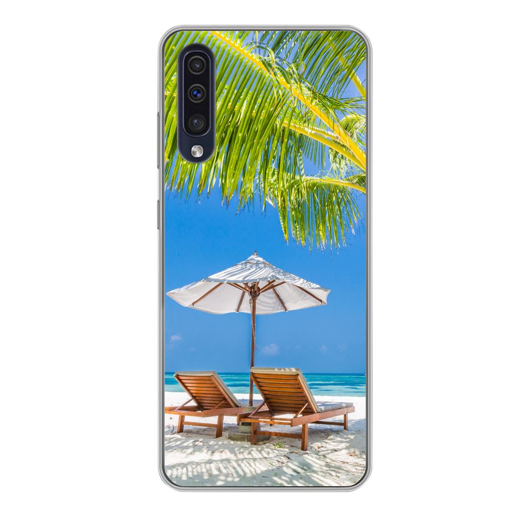 MuchoWow Handyhülle Schutzhülle Hülle für Samsung Galaxy A50 Palme - Strandkorb - Sonnenschirm Silikon Softcase Handy Hülle - Mobiltelefonh...