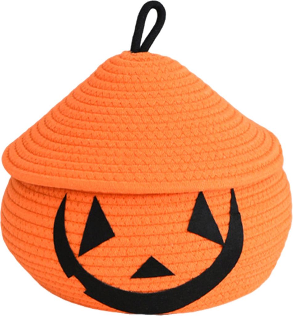 Halloween Gewebter Kürbiskorb mit Deckel, leerer gewebter Korb aus Seil, Trick or Treat, Kürbis-Aufbewahrungsbehälter, Süßigkeiten-Snack-Behä...