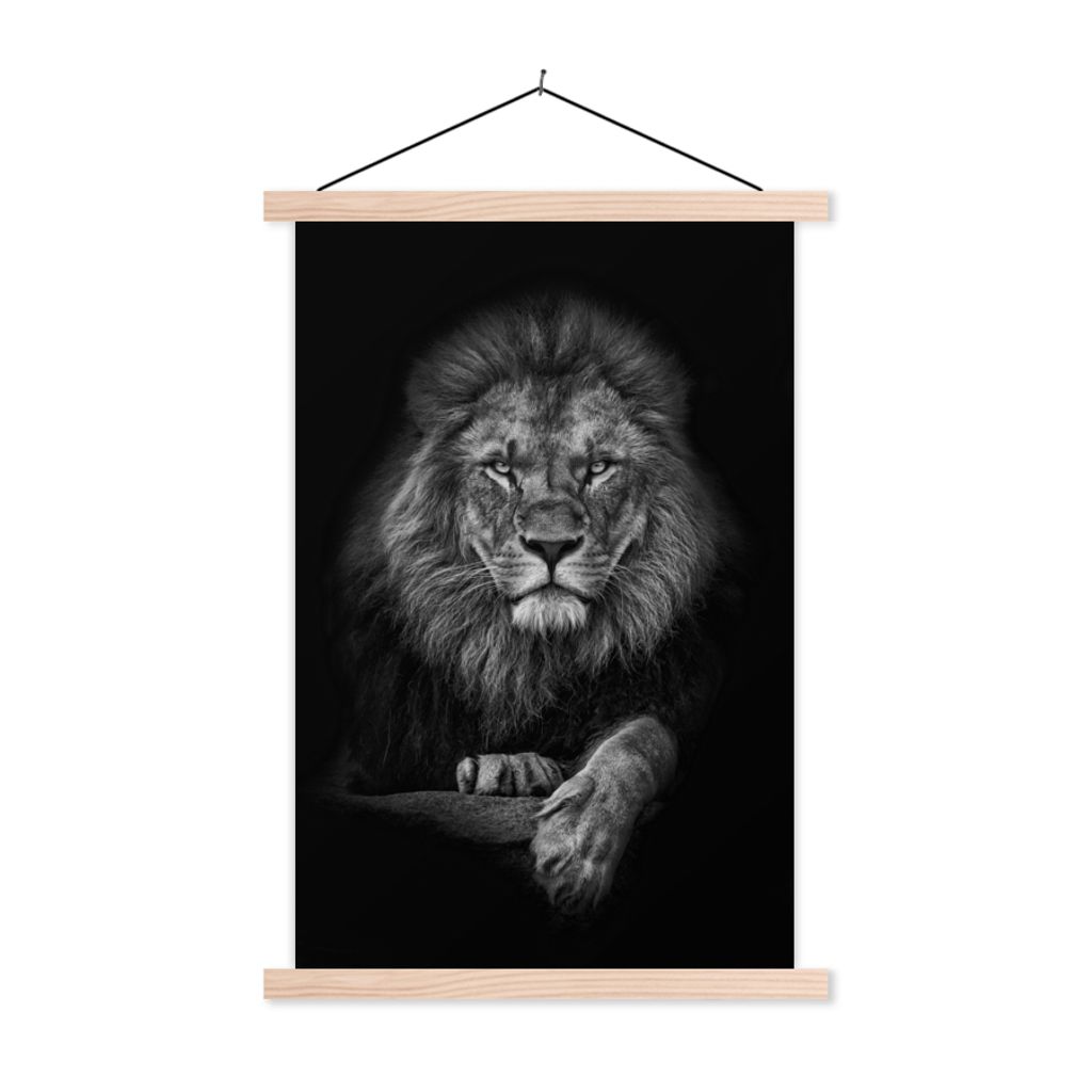 MuchoWow Textilposter Löwe - Tiere - Schwarz - Weiß 40x60 cm mit holzfarbenen Rahmen - Poster