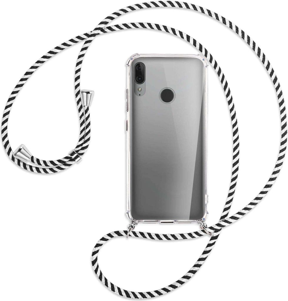 Handykette Backcover-Schutzhülle mit Band (Metall silberfarben) für Motorola Moto E6 Plus - schwarz/weiß gestreift