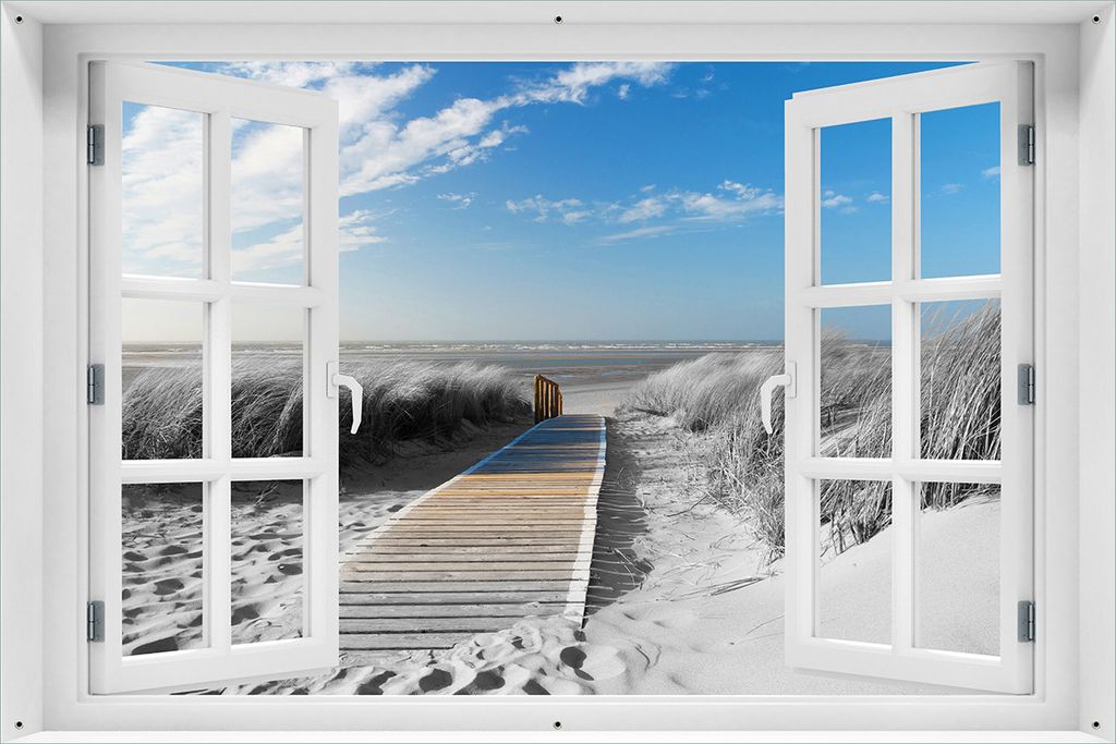 Wallario Outdoor-Poster für Garten oder Balkon 61 x 91,50 cm: Auf dem Holzweg zum Strand in schwarz-weiß Optik