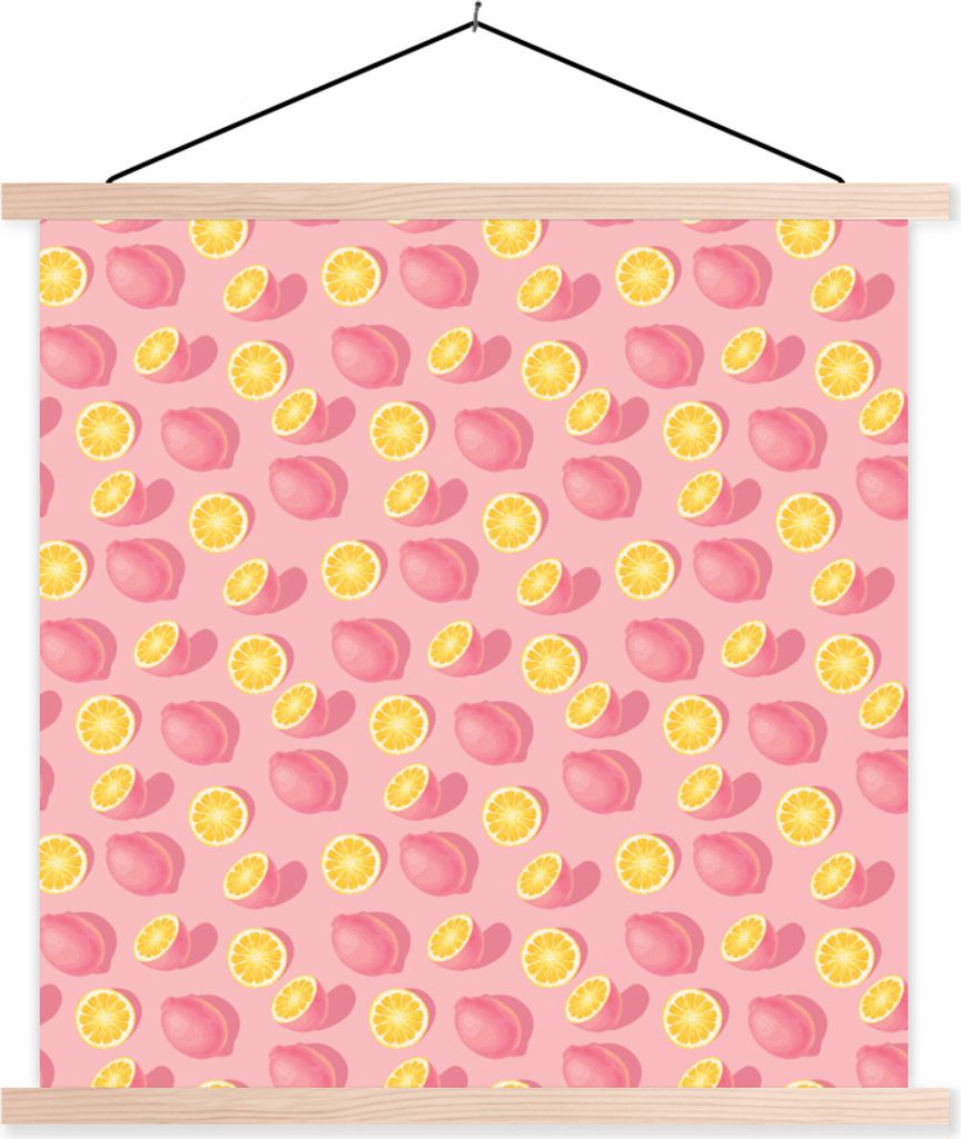 MuchoWow Textilposter Sommer - Zitrone - Rosa 60x60 cm mit holzfarbenen Rahmen - Wanddekoration